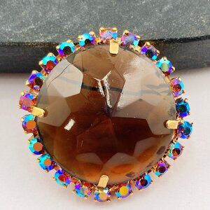 VINTAGE Big rhinestone and brown glass stone brooch ~ 1950s 1960s statement pin